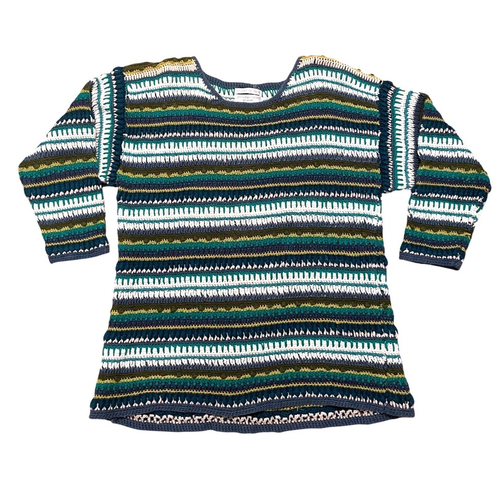 Jennifer Reed Crocheted Striped‎ Sweater Y2K Green Blue Ramie Cotton Large